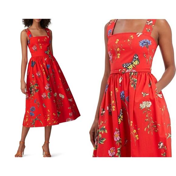 OSCAR DE LA RENTA Scarlett Garden Print Day Dress Midi Butterfly Poplin Floral 2 - Picture 1 of 12